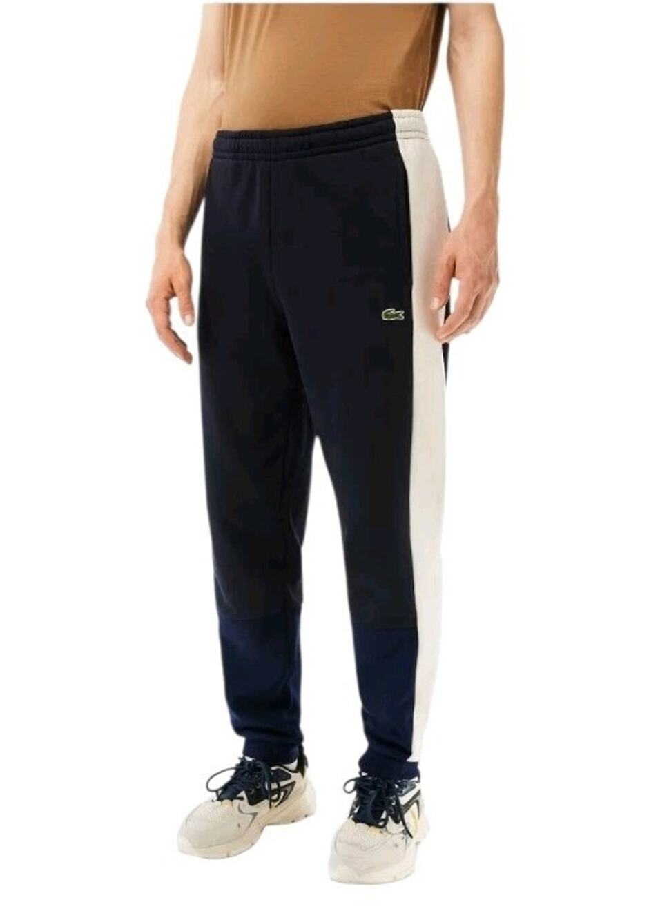 Lacoste Sports Pants Mens XXL Navy White Logo Side Stripe Lounge Jogger Regular